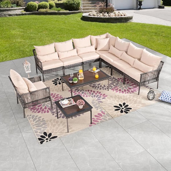 Patio Festival 10-Piece Wicker Outdoor Conversation Set with Beige Cushions