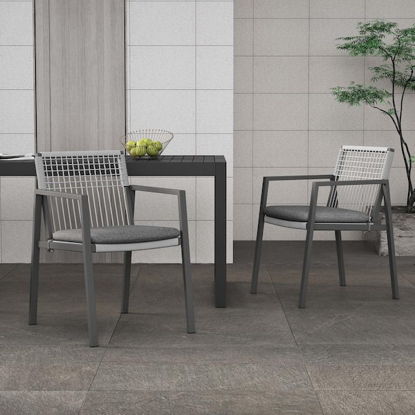 Unbranded Aluminum Outdoor Dining Chair Outdoor Armchair Seating with Gray Cushion for Patio Backyard Poolside Balcony, (Set of 2)