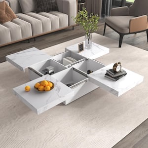 39.4 in. White Square Wood Marble Veneer MDF Coffee Table with 4-Sliding Top, 4-Storage Compartments