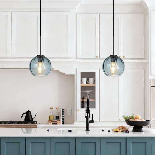 Rayhome 7.87 in. 1-Light Modern Coastal Blue Pendant Hanging Light w/ Globe Ribbed Glass for Kitchen Island Dining Room