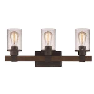 Siesta 22.75 in. 3-Light Oil Rubbed Bronze and Faux Wood Farmhouse Bathroom Vanity Light Fixture with Seeded Glass