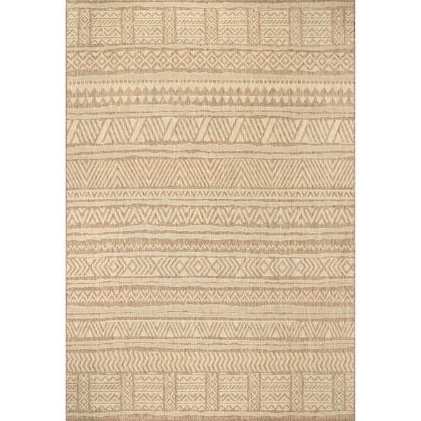 Abbey Tribal Striped Beige 8 ft. x 10 ft. Indoor/Outdoor Patio Area Rug
