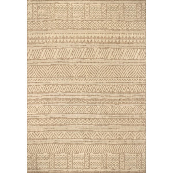 nuLOOM Abbey Tribal Striped Beige 9 ft. 6 in. x 12 ft. Indoor/Outdoor Patio Area Rug