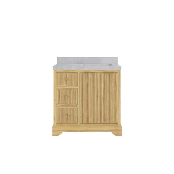 Willow Collections Austin Teak 36 in. W x 22 in. D x 36 in. H Right Offset Sink Bath Vanity in Whitewashed with 2" Pearl Gray Top
