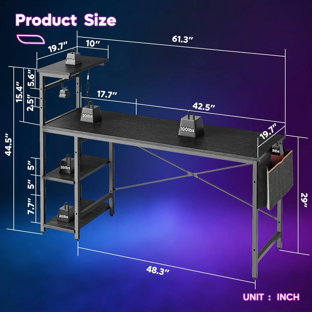 Black Wood Gaming Desk with Power Outlet and Headphone Hook