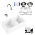 Brooks II All-in-One Farmhouse/Apron-Fireclay 33 in. 50/50 Double Bowl Kitchen Sink with Faucet and Drain in Stainless