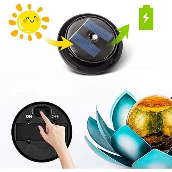 Cubilan Solar Light Outdoor, Art Crackle Globe Glass Lotus Decoration, Solar LED Waterproof Blue Metal Flower Lights ((2-Pack)