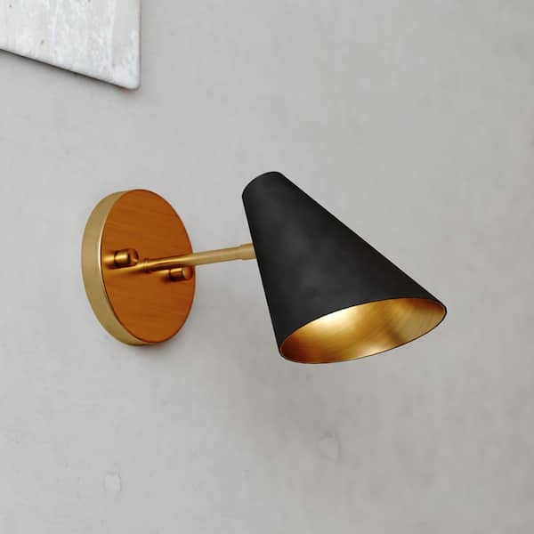 VAXCEL Pryce 1-Light Matte Black and Gold Satin Brass Wall Sconce Mid-Century Modern Fixture with Metal Cone Shade