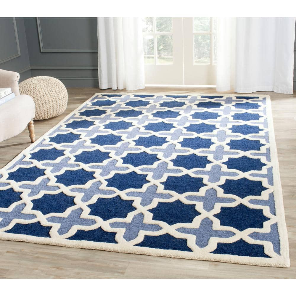 Ivory and Blue Geometric Wool 10' x 10' Square Rug