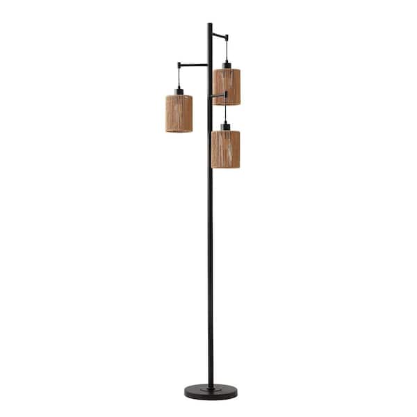 MLiAN 68.9 in. Black 3-Light Hand-Woven Rattan Tree Floor Lamp