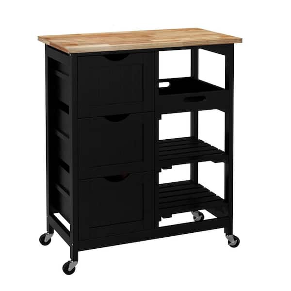 Tileon Black Wood 26.5 in. Kitchen Island Cart Rolling Serving Cart with 3-Drawers, Removeable Tray and Stoarge Shelves