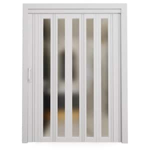 38 in. x 78.75 in. White 1 Lite Imitation Frosted Glass Acrylic and Vinyl Accordion Door with Hardware