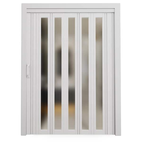 ARK DESIGN 38 in. x 78.75 in. White 1 Lite Imitation Frosted Glass Acrylic and Vinyl Accordion Door with Hardware
