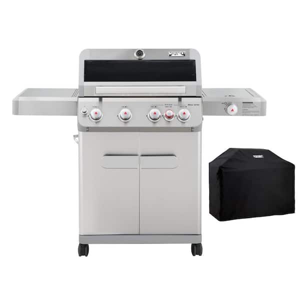 Mesa 4-Burner Propane Gas Grill in Stainless Steel w/Broil Zone, Clear View Lid Side Burner LED Controls and Grill Cover