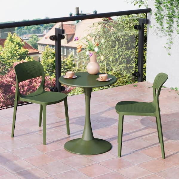 Frond and Form Outdoor Patio Set of 2 Armless Poly Plastic Stackable Dining Chairs, Olive Green