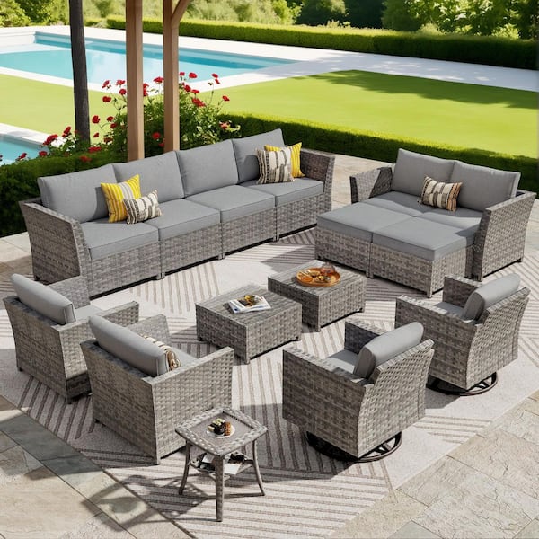 XIZZI Carnation 15-Pieces Wicker Patio Conversation Sectional Sofa Set with Dark Gray Cushions and Swivel Rocking Chairs