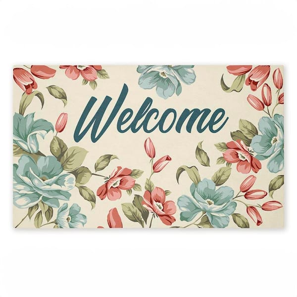 Bright Florals Welcome White 18 in. x 30 in. Polyester Non-Slip Outdoor Door Mat