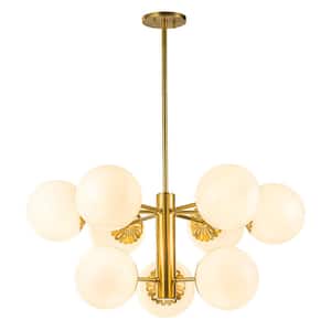 Ceder 33.5 in. W 9-Light Aged Brass Modern Sputnik Globe Chandelier 2-Tier Floral Polished White Glass Hanging Fixture