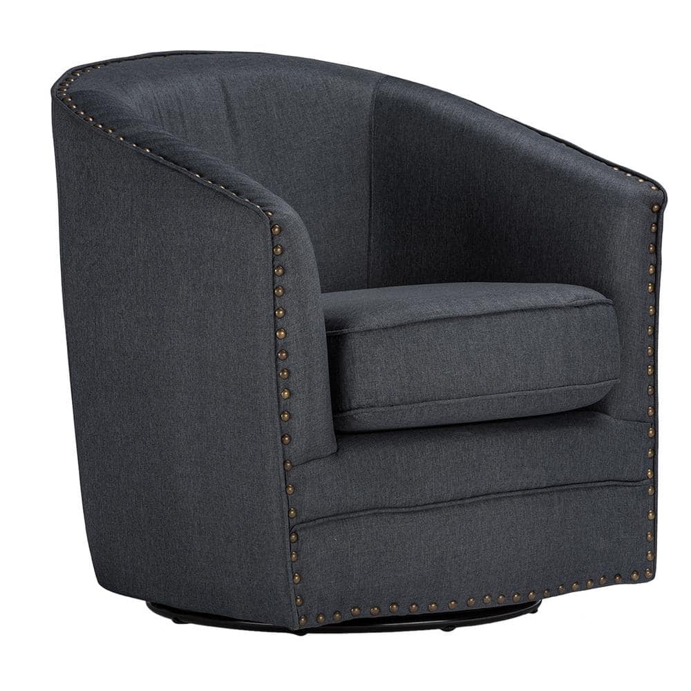 Gray Swivel Barrel Accent Chair with Nailhead Trim and Wood Base