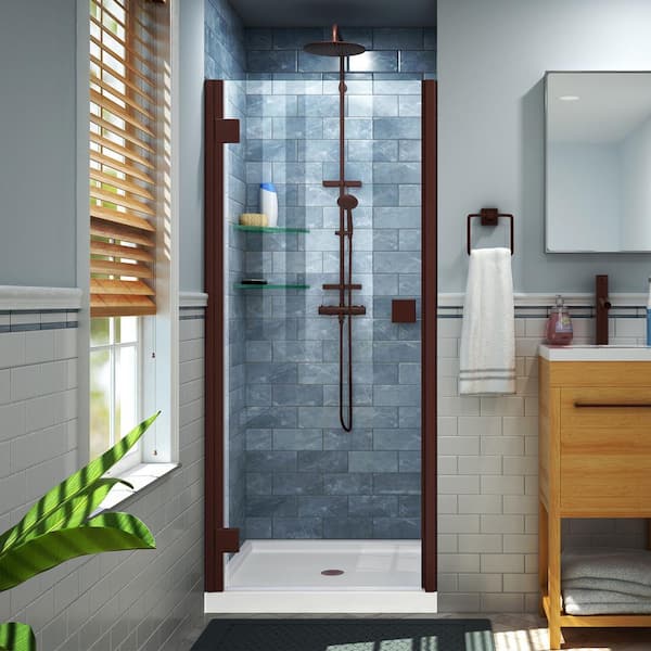 DreamLine Lumen 42 in. x 72 in. Semi-Frameless Hinged Shower Door in Oil Rubbed Bronze with 42 in. x 34 in. Base in White
