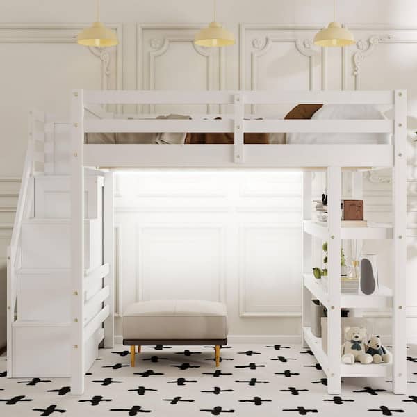 White Full Wood Loft Bed with Shelves, Storage Staircase, Small Wardrobe and White LED Light