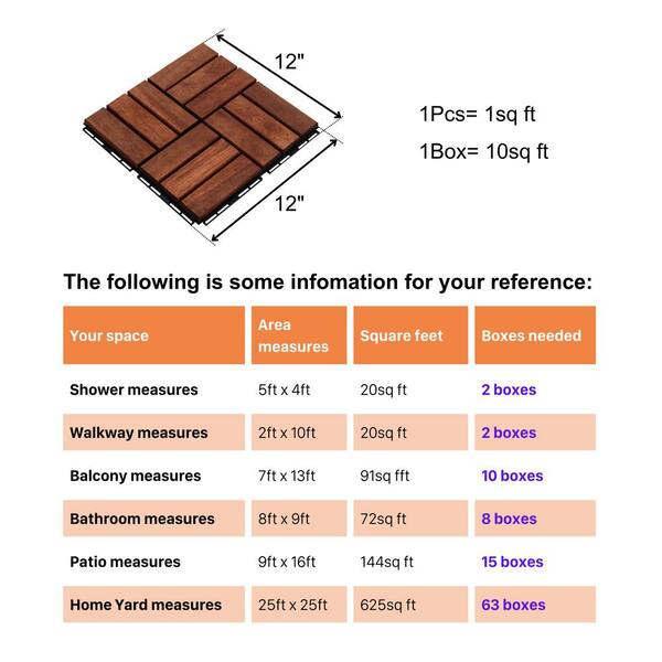 cadeninc 12 in. x 0.74 in. Brown Square Acacia Hardwood Outdoor Flooring for Patio, Bancony, Pool Side (10 sq. ft.) (10-pack)