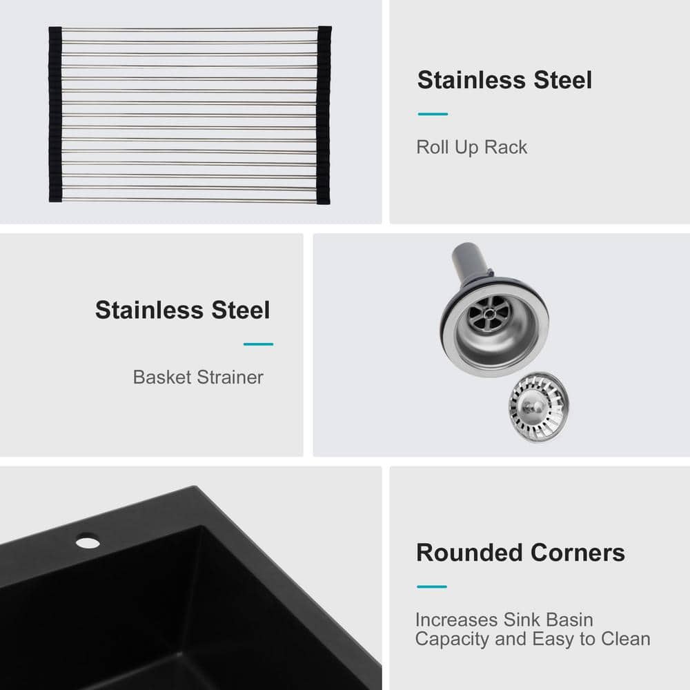 33" Black Quartz Single Bowl Drop-in Kitchen Sink with Accessories