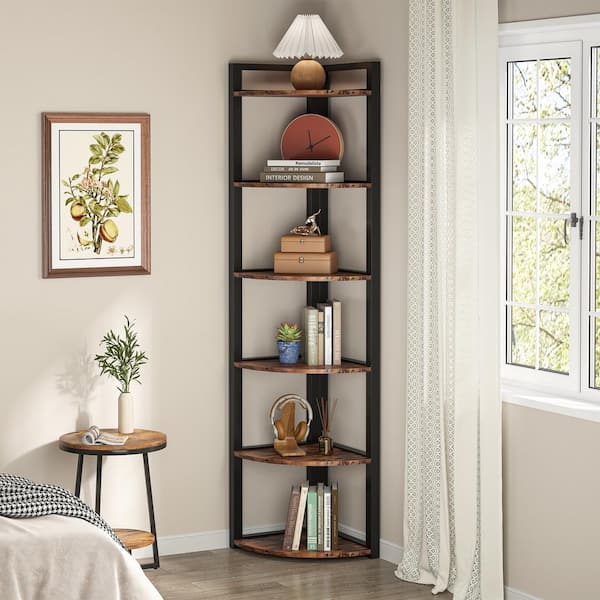 BYBLIGHT 70.9 in. Tall Brown Engineered Wood 6-Shelf Corner Bookcase, Small Bookshelf for Living Room, Home Office
