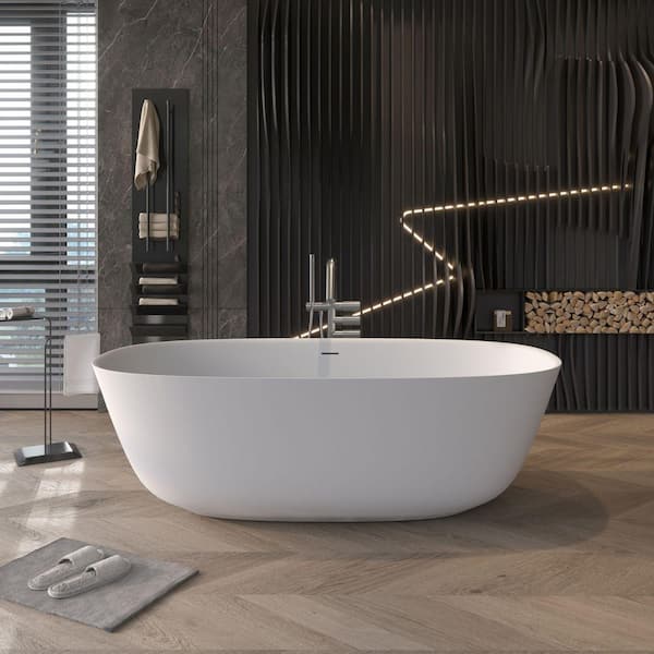 Moray 55 in. x 28 in. Solid Surface Stone Resin Flatbottom Freestanding Bathtub Soaking Bathtub in Matte White