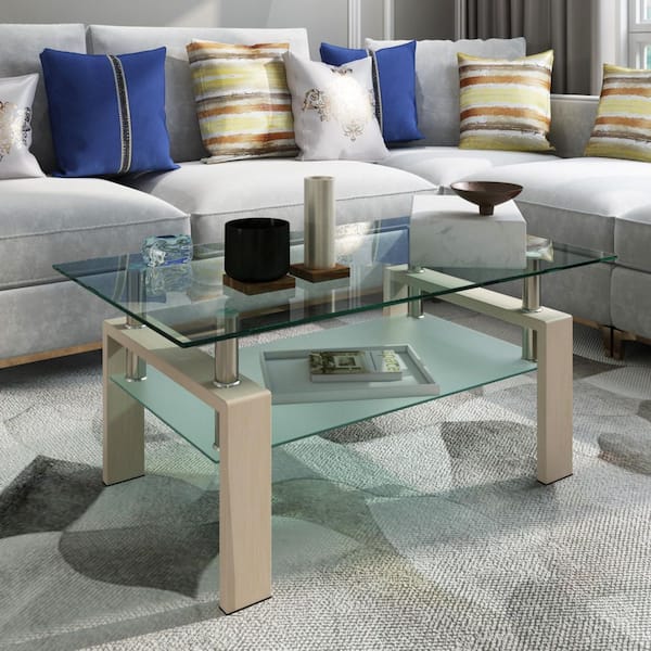 39.37 in. Oak Rectangle Clear Glass Coffee Table with Dual-Tier Storage & Metal Frame