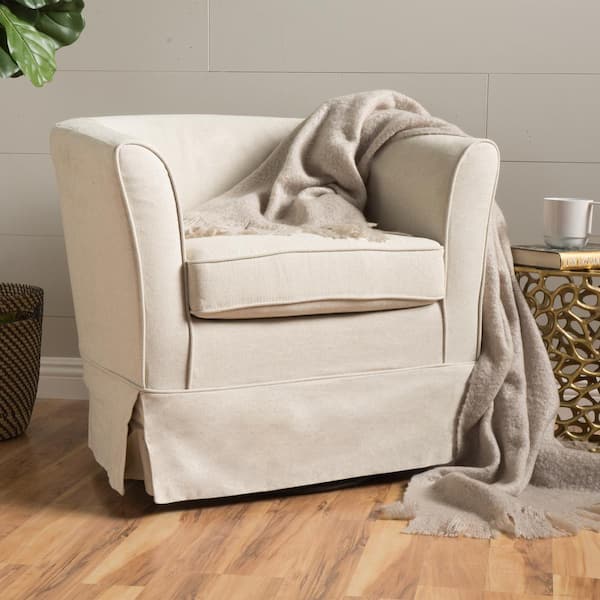 Noble House Cecilia Natural Fabric Swivel Chair with Loose Cover