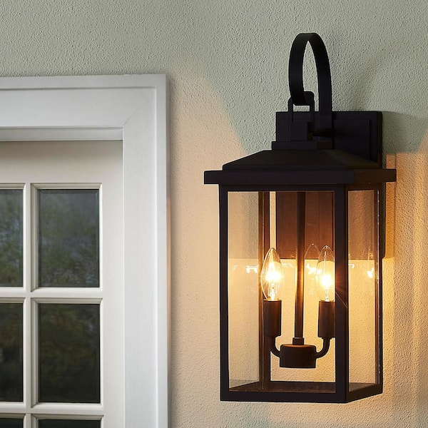 19.75 in. 2-Light Sandy Black Lantern Outdoor Sconce Hardwired with Clear Tempered Glass, Bulbs Not Included