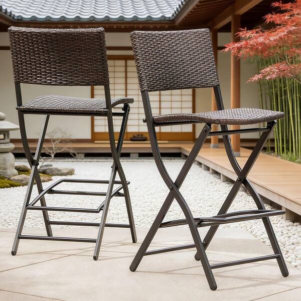 Multi-Brown PE Rattan Plus Iron Folding Outdoor Bar Stool Faux(2-Pack)
