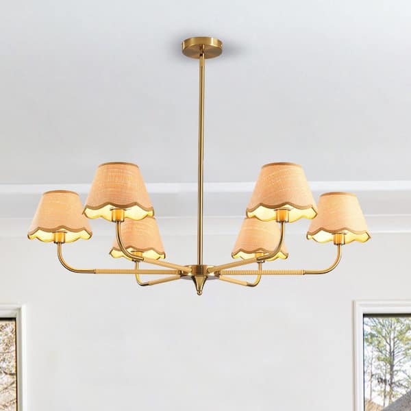 6-Lights 38 in. Gold Chandelier with Hand-Woven Rattan Llightshade, Kitchen Island Pendant Light Fixture for Dining Room
