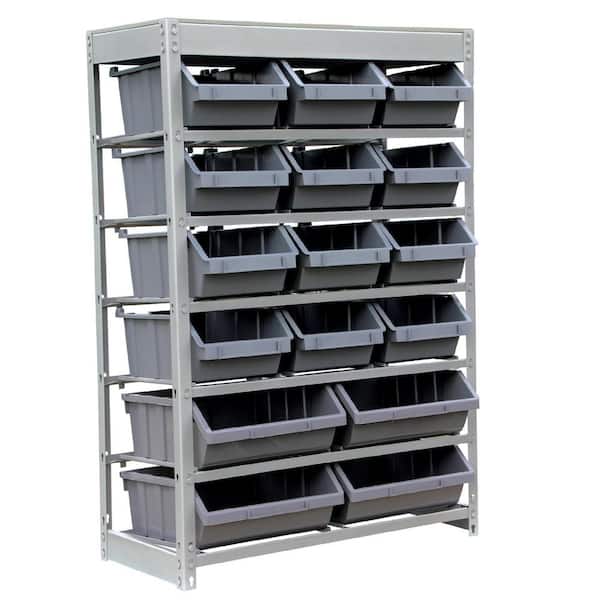 Gray 6-Tier Boltless Bin Storage System Garage Storage Rack (22 Plastic  Bins in 6 Tier)