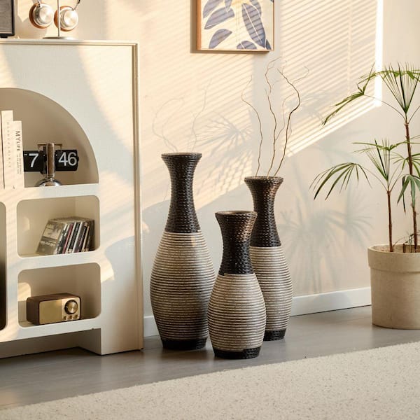 20 in. 24 in. 28 in. Brown Plastic Cylinder Decorative Floor Vase Artificial Vine Vase High Flower Stand Set of 3