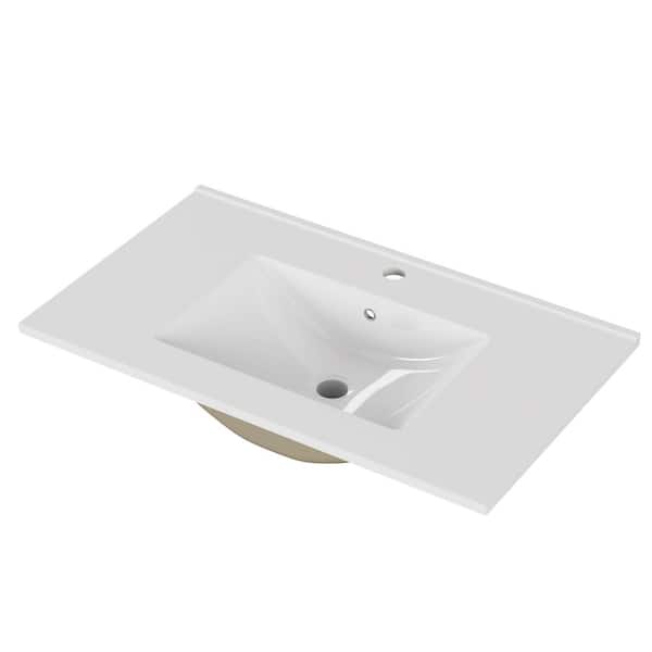 White 32-Inch Rectangle White Ceramic Bathroom Vessel Sink,Pre-Drilled Faucet Hole,Space-Saving Design,Easy to Clean