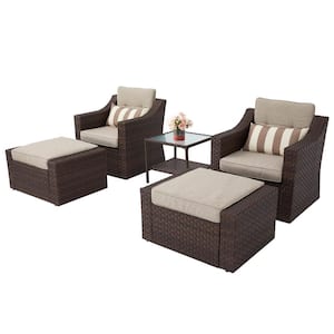 Brown 5-Piece Wicker Patio Conversation Set with Beige Cushions