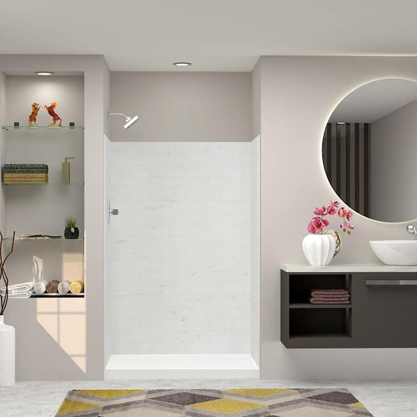 Transolid SaraMar 36 in. x 48 in. x 72 in. 3-Piece Easy Up Adhesive Alcove Shower Wall Surround in White Venito