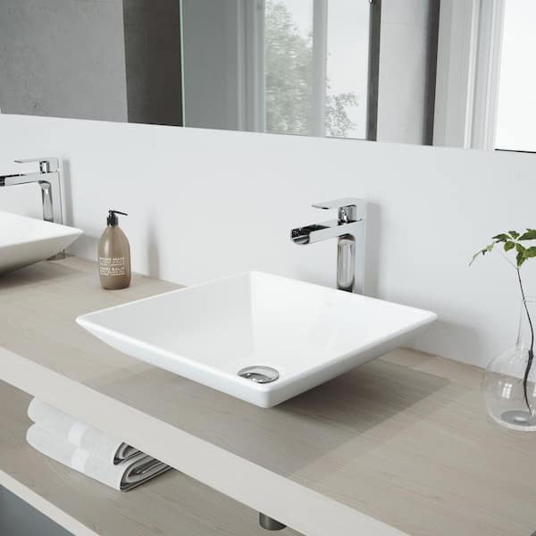VIGO Matte Stone Hibiscus Composite Square Vessel Bathroom Sink in White with Amada Faucet and Pop-Up Drain in Chrome