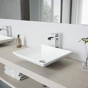 Matte Stone Hibiscus Composite Square Vessel Bathroom Sink in White with Amada Faucet and Pop-Up Drain in Chrome