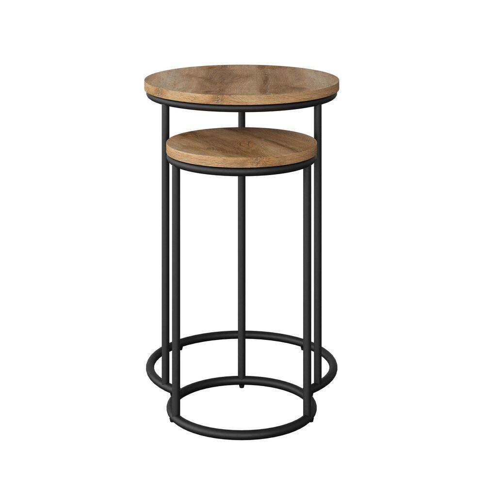 Elegant Round Light Brown Wood & Metal Nesting Side Tables