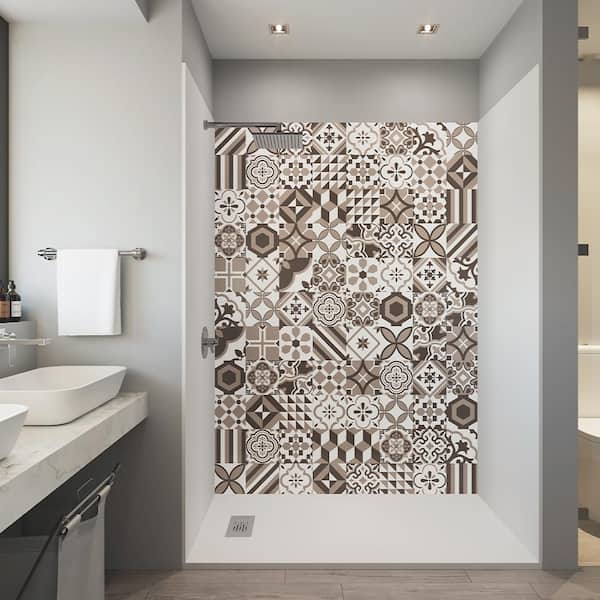 CASTICO Mosaic Beige 32 in. x 60 in. x 84 in. Solid Composite Stone Alcove Shower Kit with Walls and White Pan Base L/R Drain