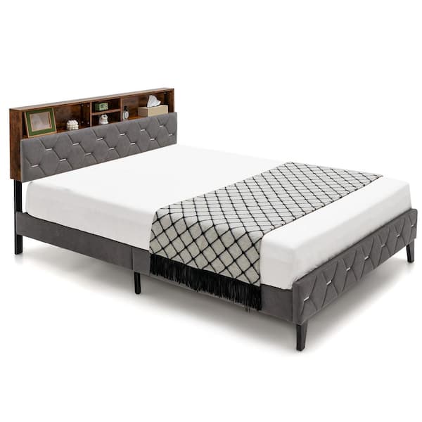 Costway Rustic Brown and Grey Bed Frame Metal Upholstered Full Platform Bed Mattress Foundation with Storage Headboard