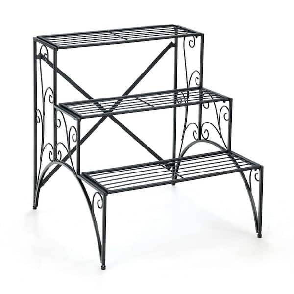 Outdoor 3-Tier Black Metal Plant Stand with Widened Grid Shelf