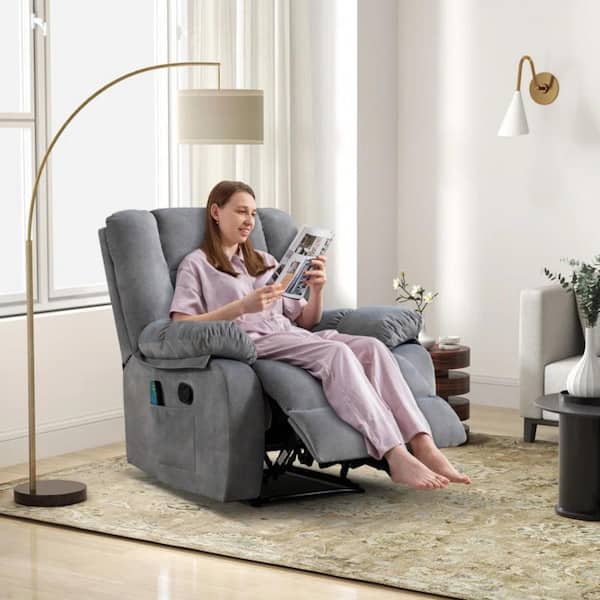 Gray Overstuffed Fabric Recliner Chairs with 8-Point Vibration Massage Manual Pull Recliner with Time Setting
