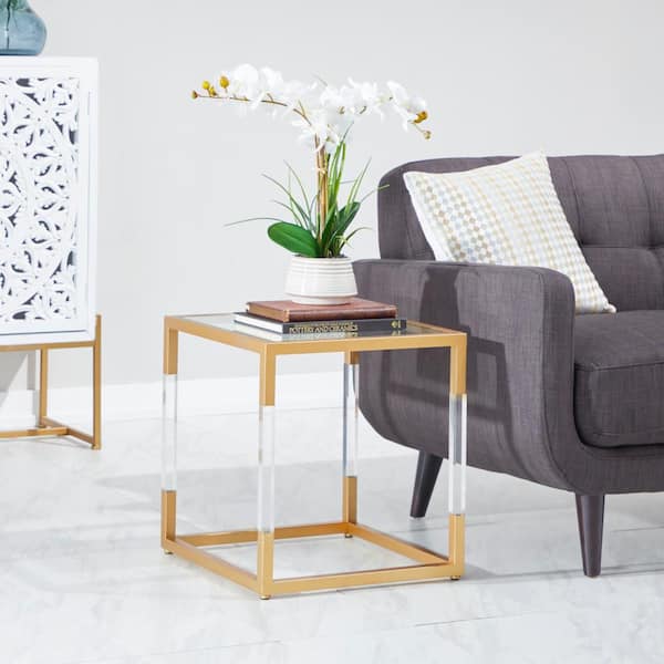 Litton Lane 19 in. Gold Large Square Glass End Accent Table with Clear Glass Top and Acrylic Legs
