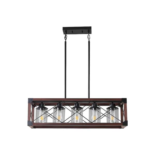 5-Light Walnut Rectangular Farmhouse Chandelier Fixture for Kitchen Island Dining Room with Solid Wood Frame