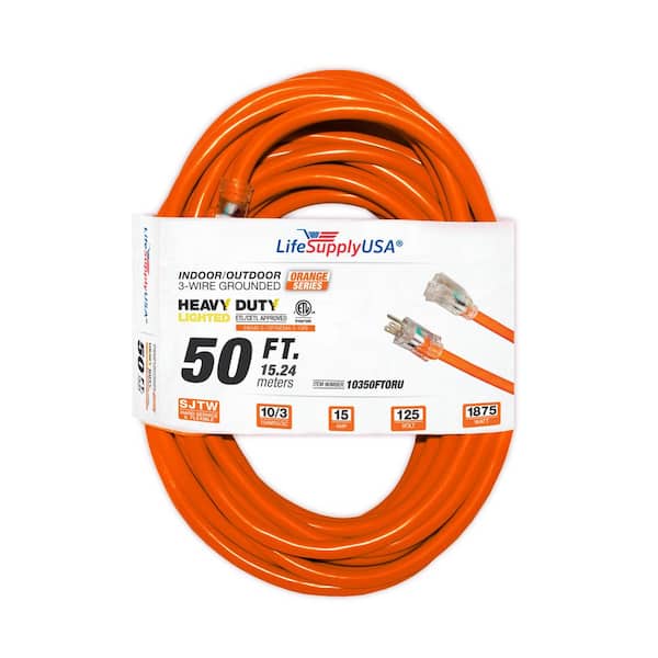LifeSupplyUSA 50 ft. 10/3 SJTW 15 Amp 125-Volt 1875-Watt Orange Indoor/Outdoor Heavy-Duty with Lighted End Extension Cord