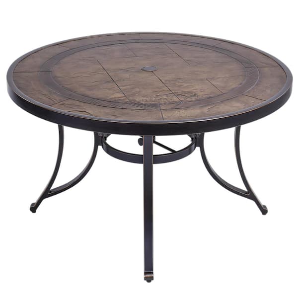 Mondawe Dark Bronze Cast Aluminium Patio Round Outdoor Dining Table 48 in. W x 28 in. H with Umbrella Hole for Garden Gazebo